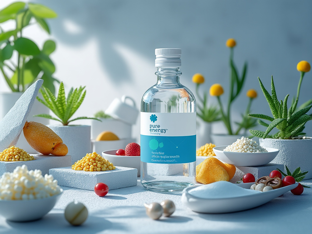 Glass bottle labeled 'Pure Energy' surrounded by colorful fruits, seeds, and plants on a bright table.