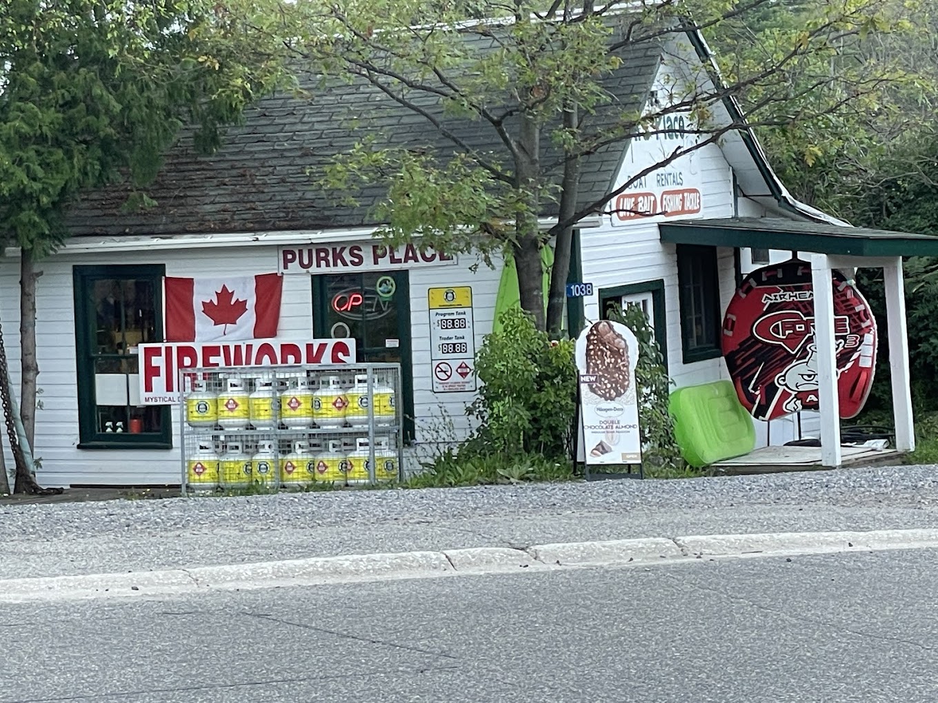 Purk's sells propance, ice, firewood, cold drinks, candy, chocolate, chips and more. Purk's sells propance, ice, firewood, cold drinks, candy, chocolate, chips and more.