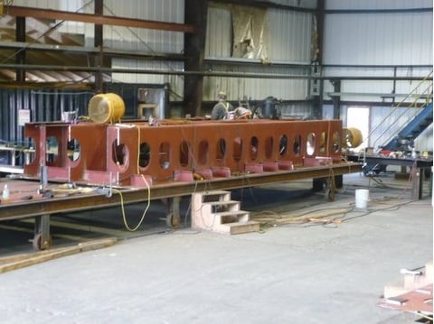 The first section of the keel module in the fabrication shop.  Large sections of the ferry were fabricated and assembled in the site fabrication shops and then taken to the lake shore build-grid for final assembly on the vessel.