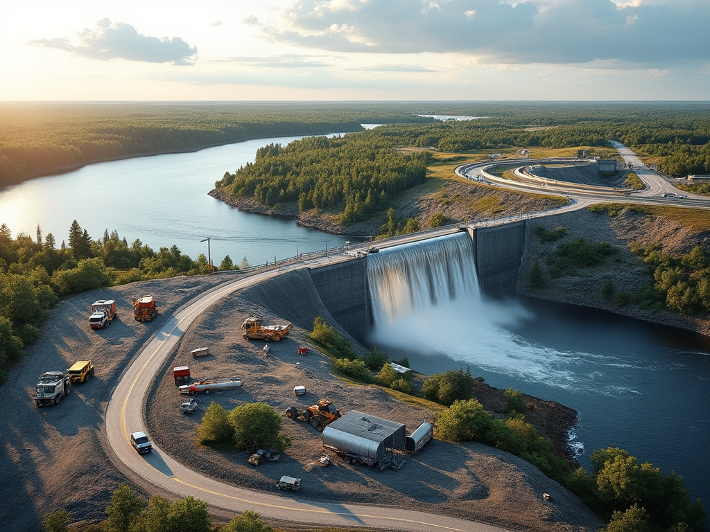 Scenic aerial view of a dam with cascading water, surrounded by lush greenery, construction vehicles, and winding roads under a partly cloudy sky.