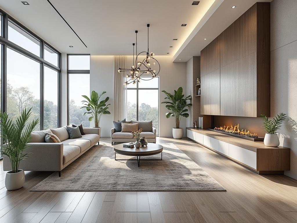 Modern living room with large windows, cozy sofas, indoor plants, and a contemporary fireplace.