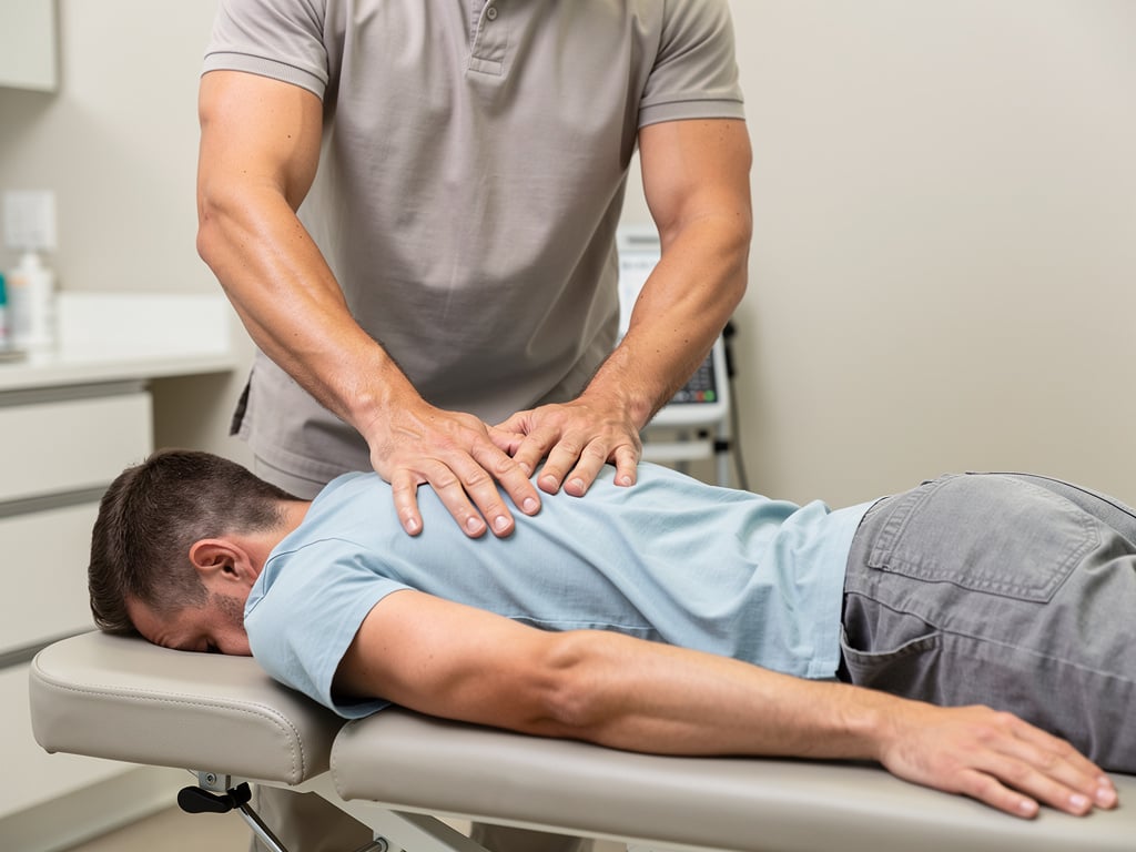 Chiropractor examining patient on treatment table in clinic with spine model and medical tools Chiropractor examining patient on treatment table in clinic with spine model and medical tools