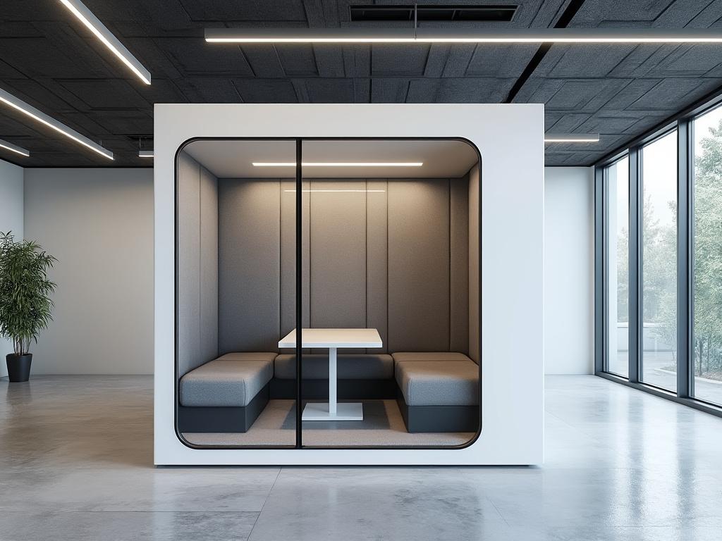 Cabina acústica moderna en oficina con sofás, mesa y iluminación integrada, rodeada de ventanas grandes y planta decorativa.