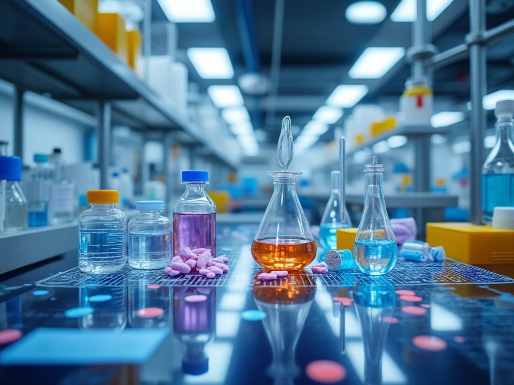 Laboratory setting with various glassware containing colorful liquids, pills, and chemicals on a reflective surface.