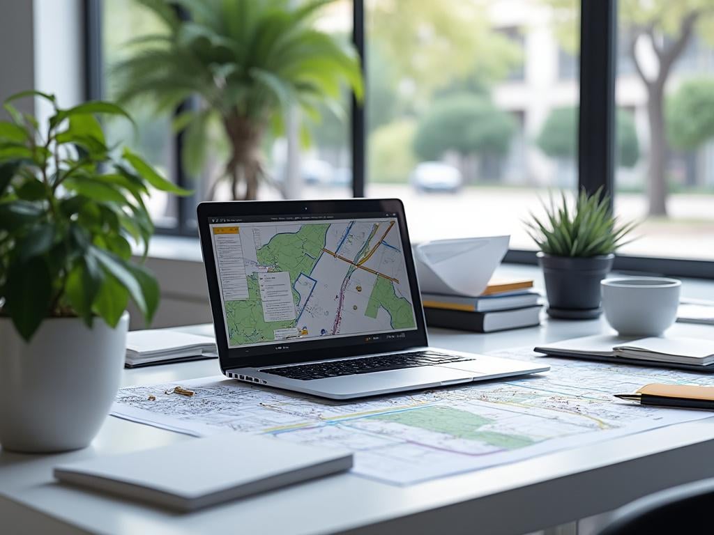 Heimbüro mit Laptop auf Schreibtisch, umgeben von gestapelten Dokumenten mit Heimbüro mit Laptop auf Schreibtisch, umgeben von gestapelten Dokumenten mit