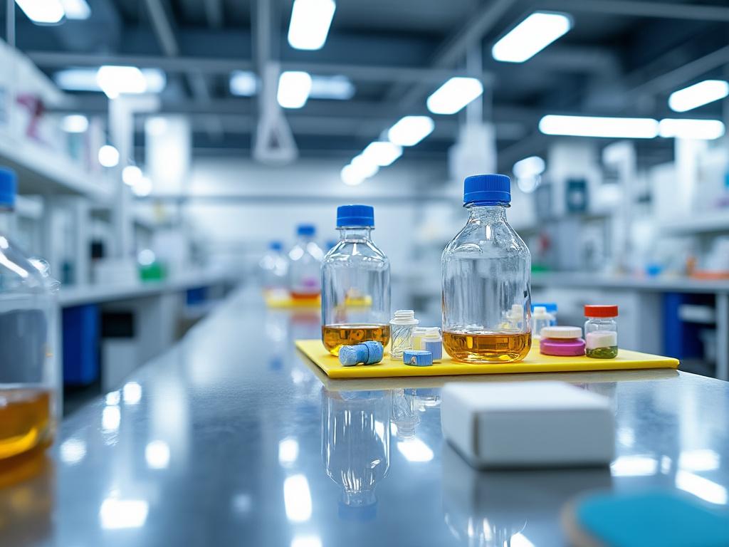 Modern laboratory with glass bottles containing amber liquid on a reflective metal table.