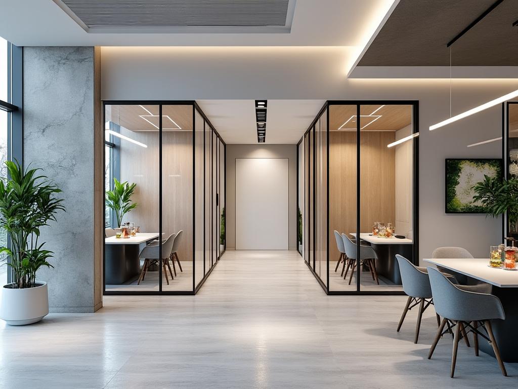 Oficina moderna con paredes de cristal, iluminación LED, plantas decorativas y mesas de reunión con sillas grises.