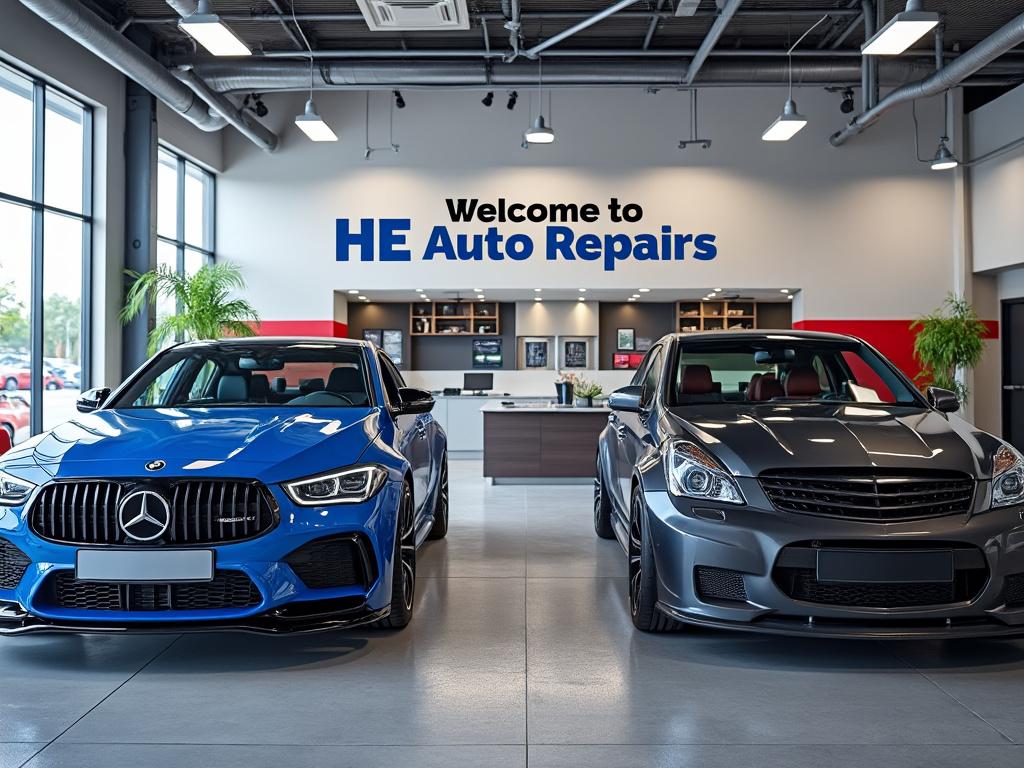 Interior of HE Auto Repairs shop featuring a blue Mercedes-Benz and a gray car on display in the well-lit showroom with welcome sign.