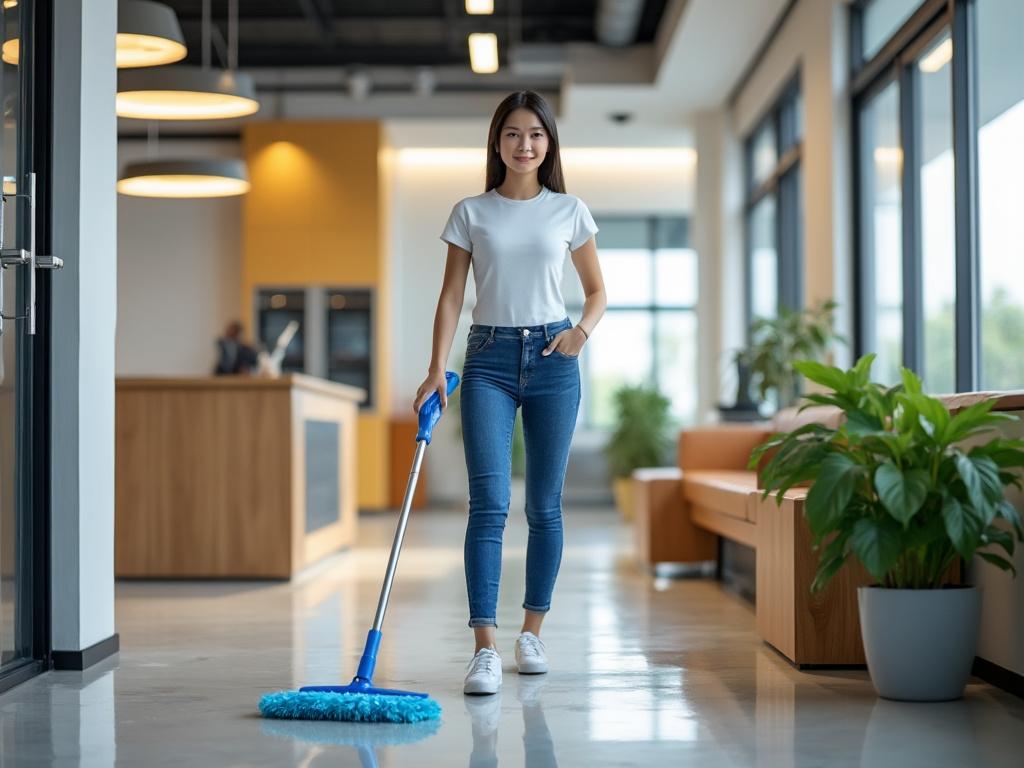 Femme nettoyant le sol d'un bureau moderne avec une vadrouille bleue, entourée de plantes vertes et de mobilier contemporain.