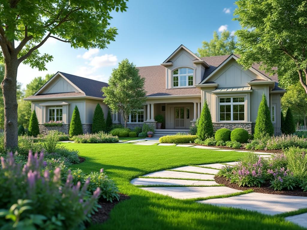 Beautiful suburban home with manicured lawn, pathway, and lush garden under a clear blue sky.