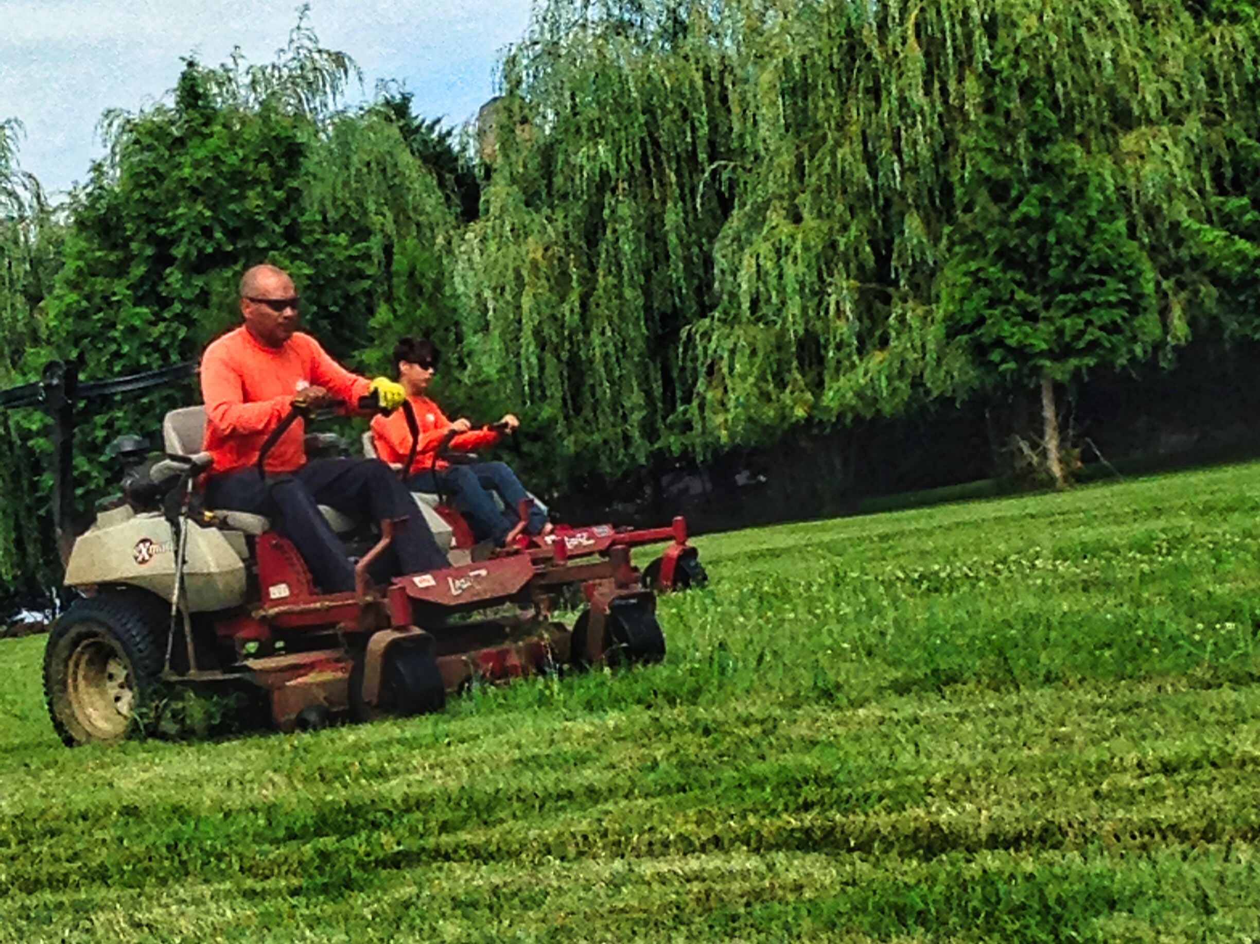 Man and child riding a lawn mower on a sunny day with lush green trees in the background.