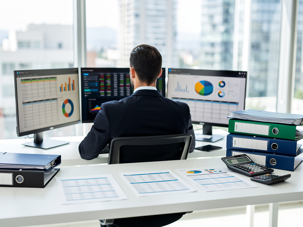 Business analyst reviewing financial dashboards on multiple monitors in a modern office Business analyst reviewing financial dashboards on multiple monitors in a modern office