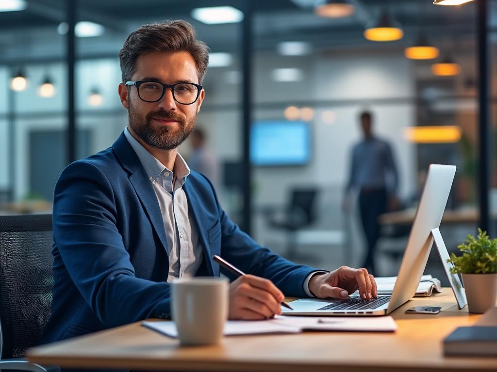 Business professional working on a laptop in a modern office setting.