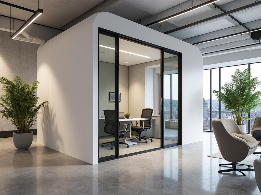 Oficina moderna con cabina privada de vidrio, sillas ergonómicas y plantas decorativas en ambiente luminoso.