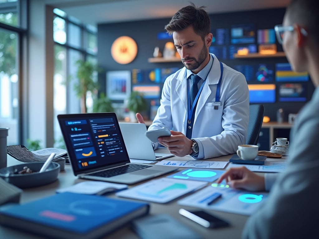 Doctor analyzing medical data on smartphone with laptops and charts in modern office