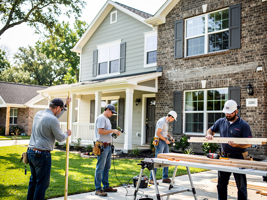Home construction workers measuring and cutting lumber outside a suburban brick house