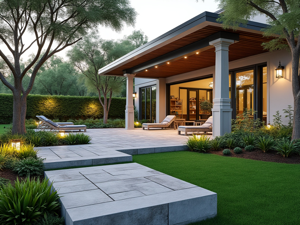Modern patio with lounge chairs and greenery at sunset, featuring a covered outdoor area with warm lighting and manicured garden.