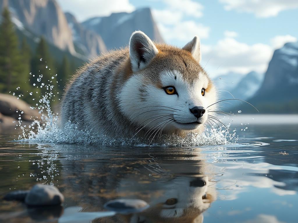 Cute animal with fluffy fur swimming in a scenic mountain lake with splashing water and forest background.