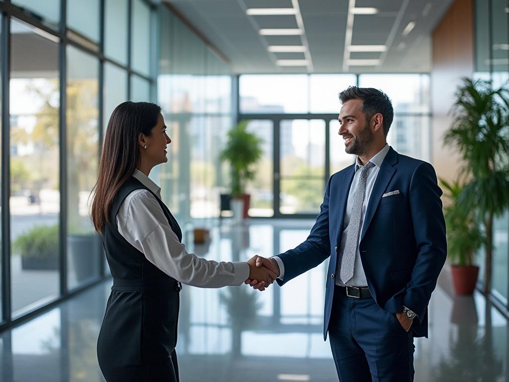 Two business professionals shaking hands in a modern office lobby with large windows and green plants.