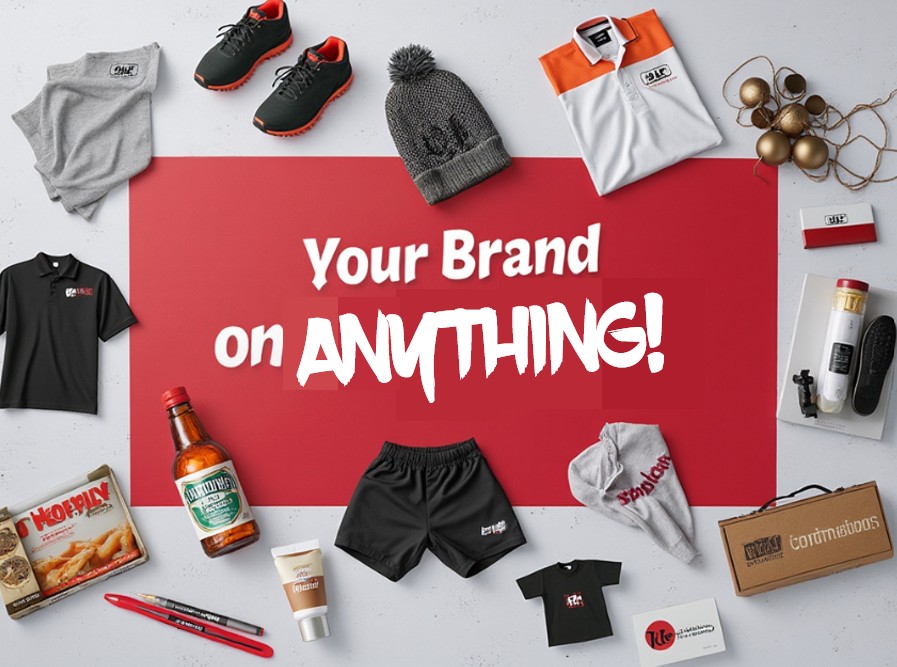 Assorted branded merchandise including clothing, shoes, food items, and a red promotional sign with 'Your Brand on Anythers!' text. Assorted branded merchandise including clothing, shoes, food items, and a red promotional sign with 'Your Brand on Anythers!' text.
