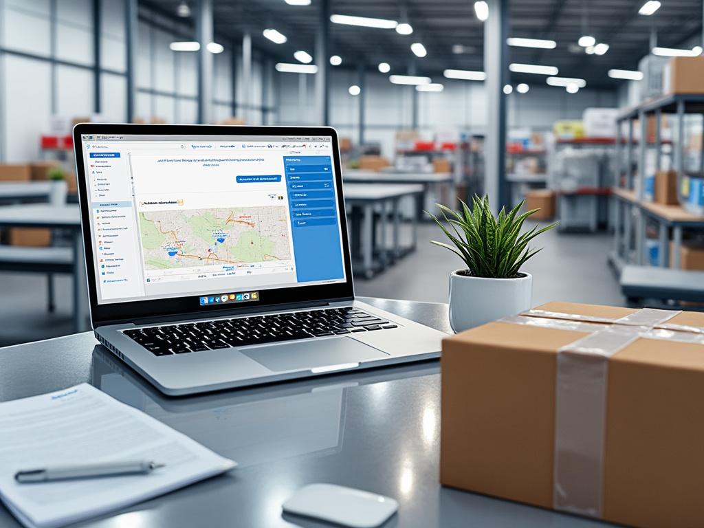 Open laptop displaying logistics software on a desk in a warehouse, with a small plant and a cardboard box nearby.