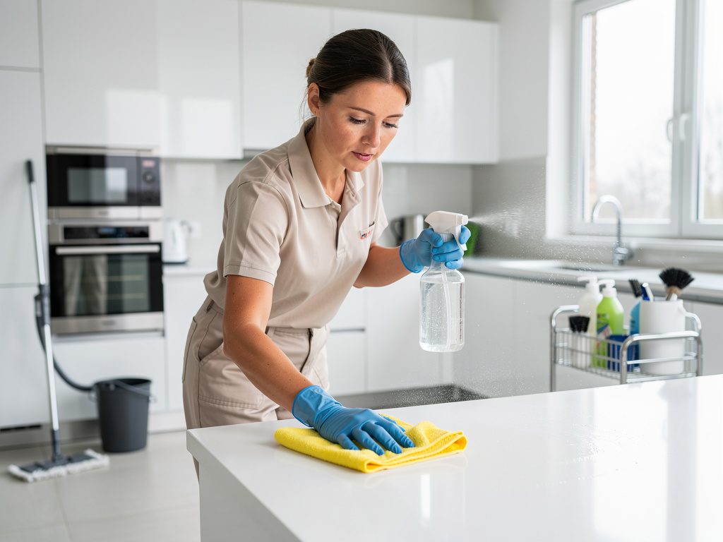 Professional cleaner sanitizing a modern kitchen countertop with spray bottle and microfiber cloth