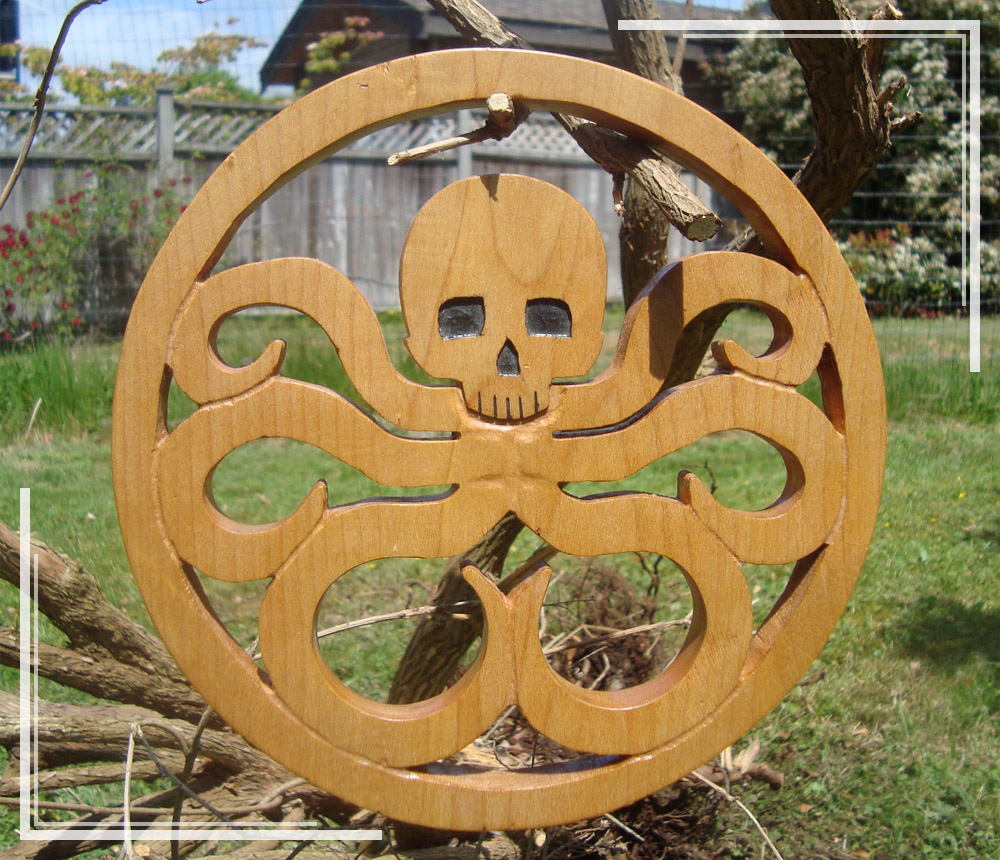 A wooden octopus skull