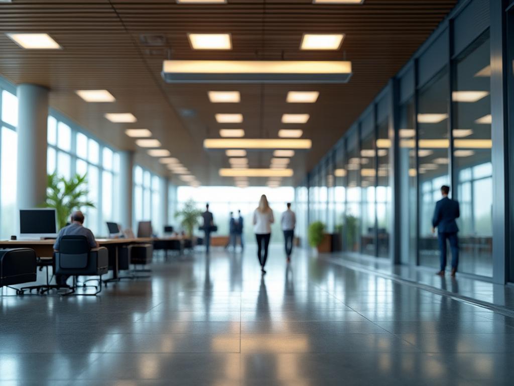 Interior moderno de oficina con personas caminando y trabajando en escritorios, iluminación cálida y ventanas grandes.