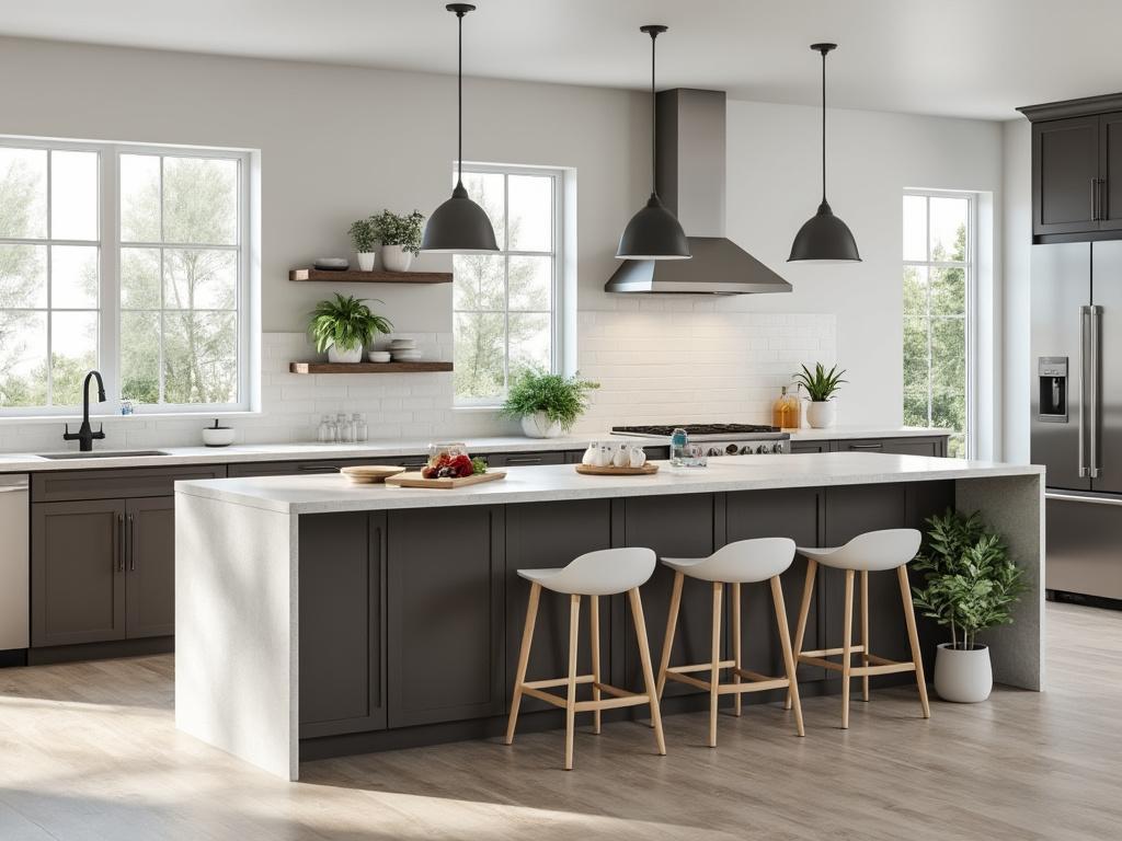 Modern kitchen with large island, bar stools, pendant lights, stainless steel appliances, and plants by bright windows.