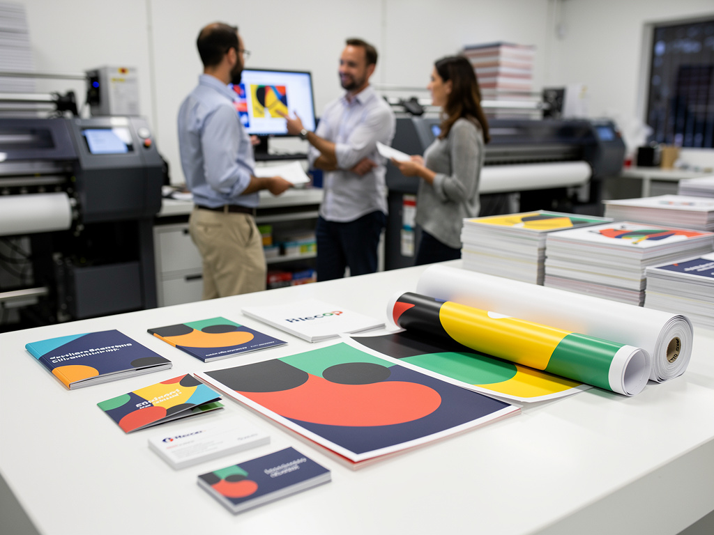 Print shop team reviewing colorful graphic design materials, brochures, posters and large-format prints