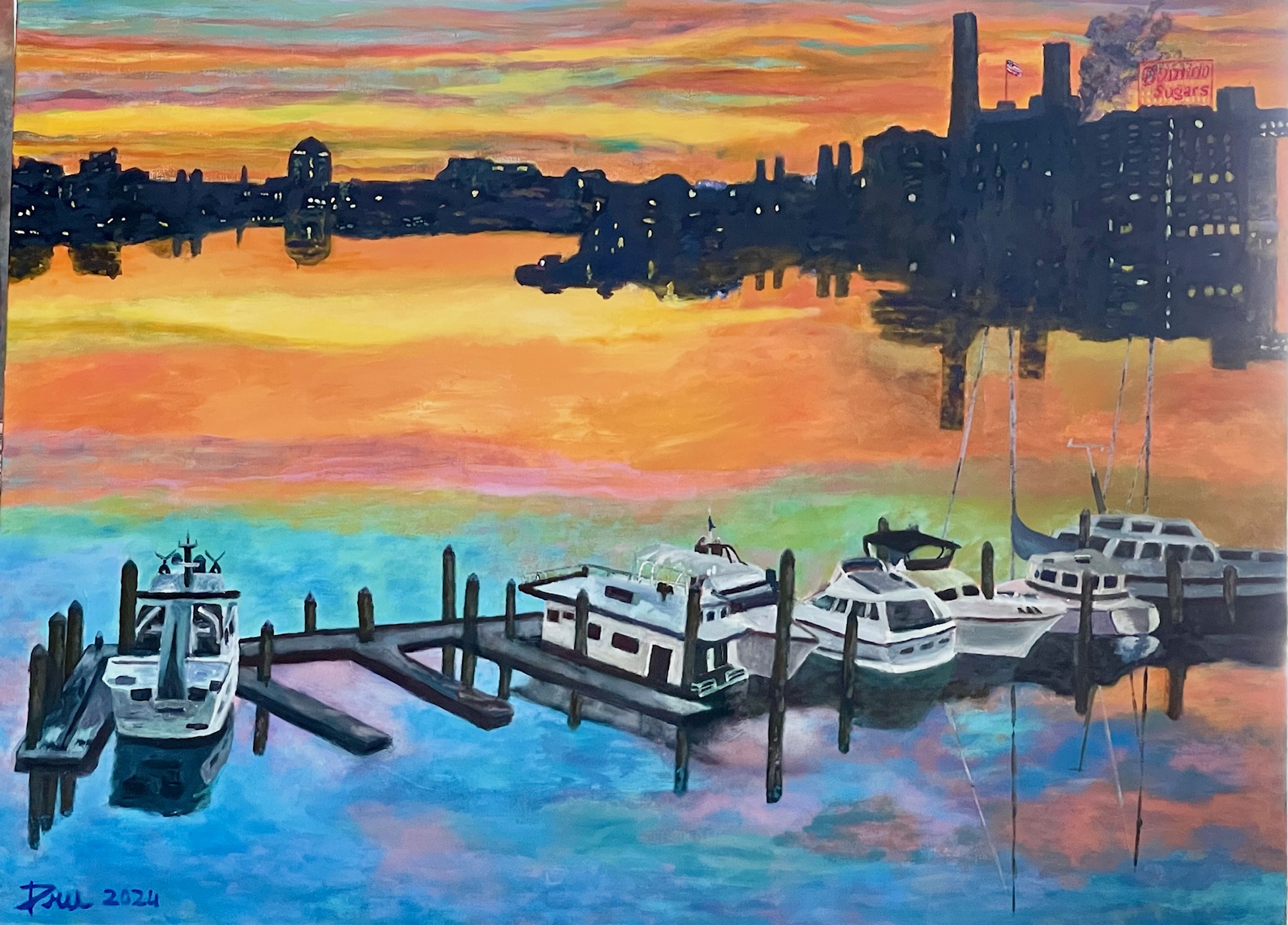 Sunrise in Baltimore Inner Harbor, 36"X48" Acrylic on Canvas, 2024