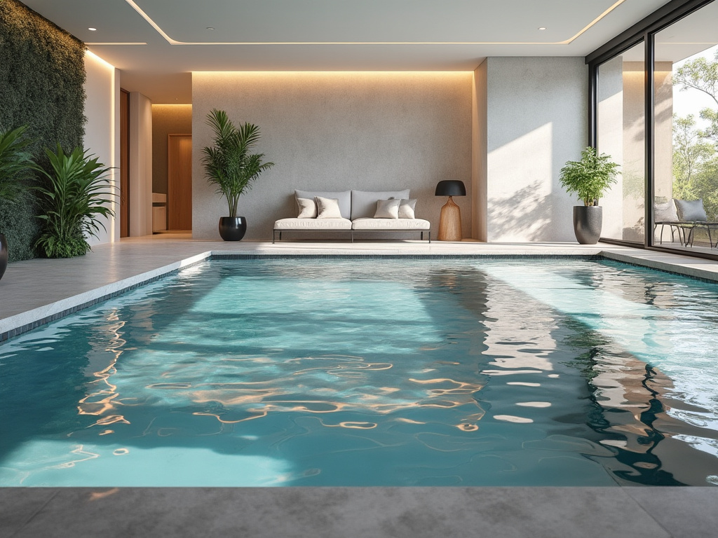 Luxurious indoor swimming pool with modern decor, including large potted plants, a contemporary couch, and floor-to-ceiling windows.