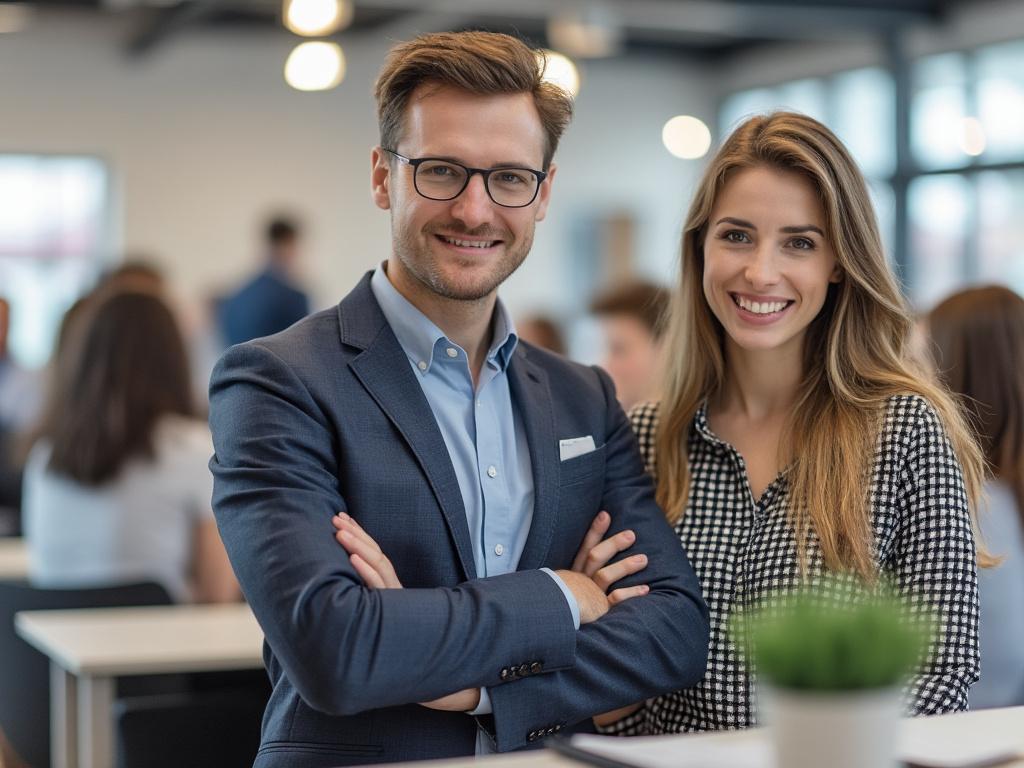 Business professionals smiling in modern office environment with colleagues in background.