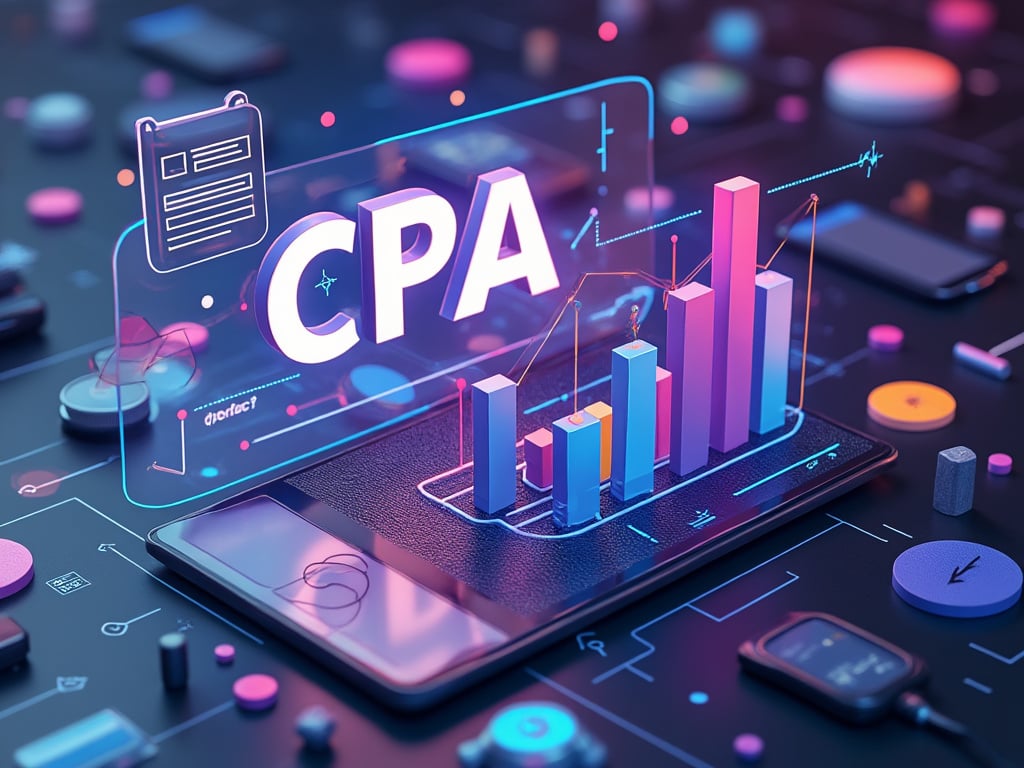 Digital illustration of CPA with colorful 3D bar graph on smartphone, symbolizing analytics and finance.