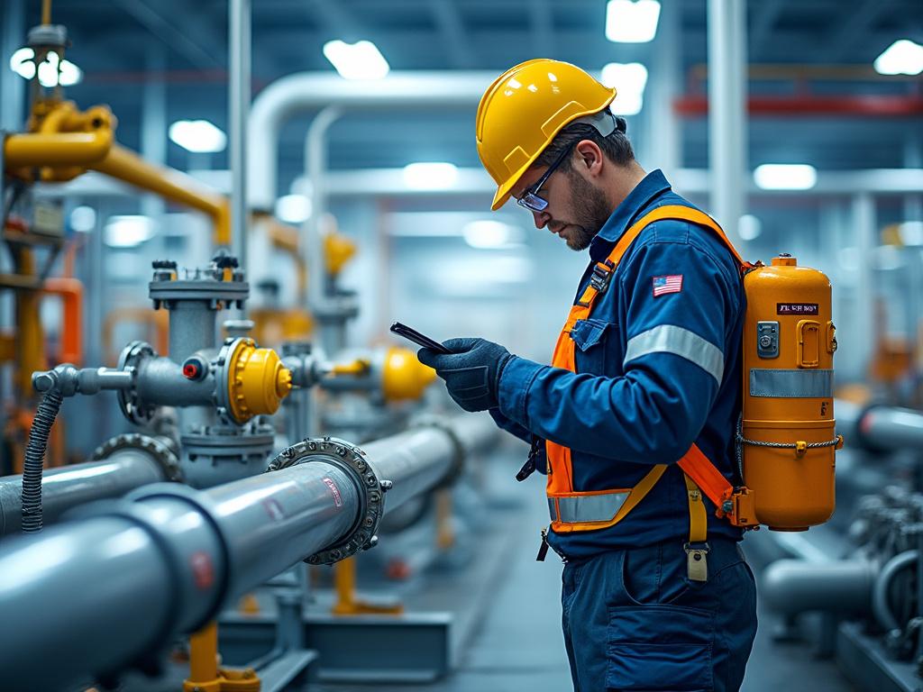 Industrial worker in safety gear using smartphone near large machinery in a factory.