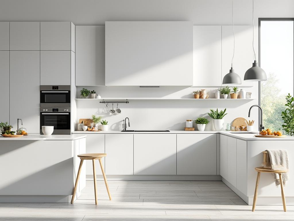 Modern white kitchen interior with minimalist design, featuring sleek cabinets, built-in appliances, wooden stools, potted plants, and large windows with natural light.