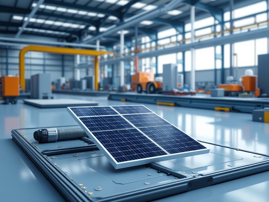 Solar panel displayed in a modern industrial warehouse setting with machinery in the background.