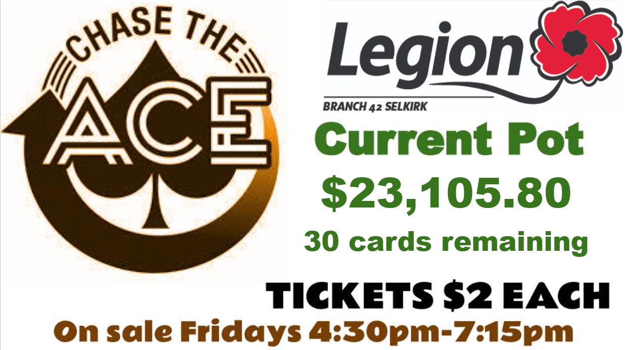 Starting pot for Friday, Jan 2/25. Meat Draws and Chase the Ace sales start at 4:30pm. Ravin band on stage following the draws. Everyone welcome!