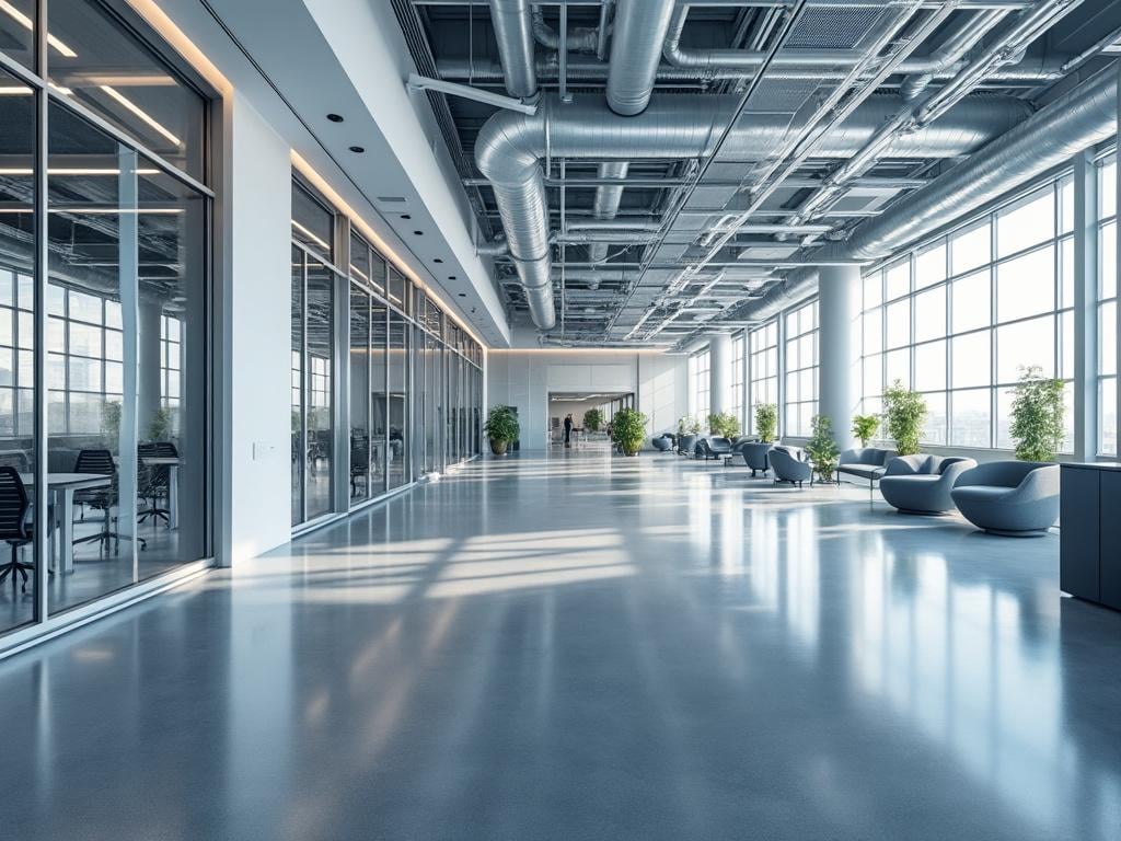 Modern office interior with large windows, glass partitions, and industrial ceiling ducts. Modern office interior with large windows, glass partitions, and industrial ceiling ducts.