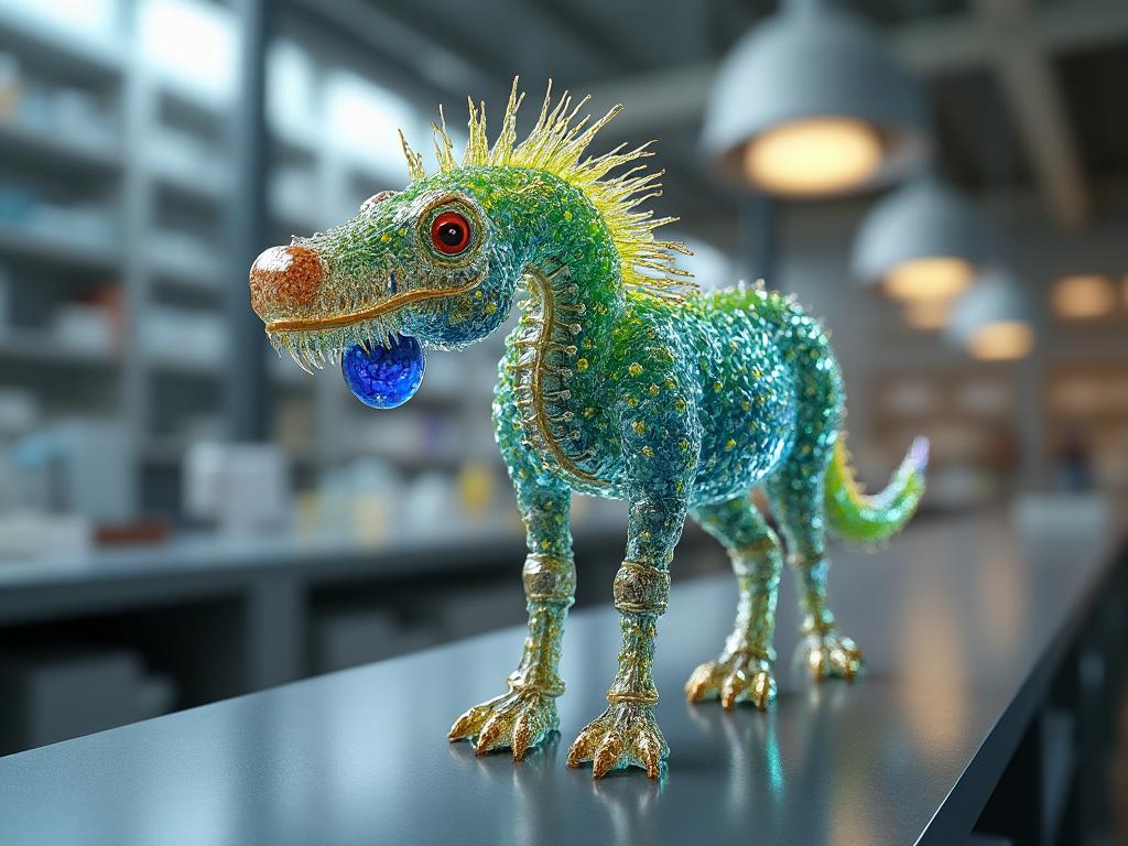 Intricately designed glass dragon figurine with vivid colors on a tabletop in a modern room.