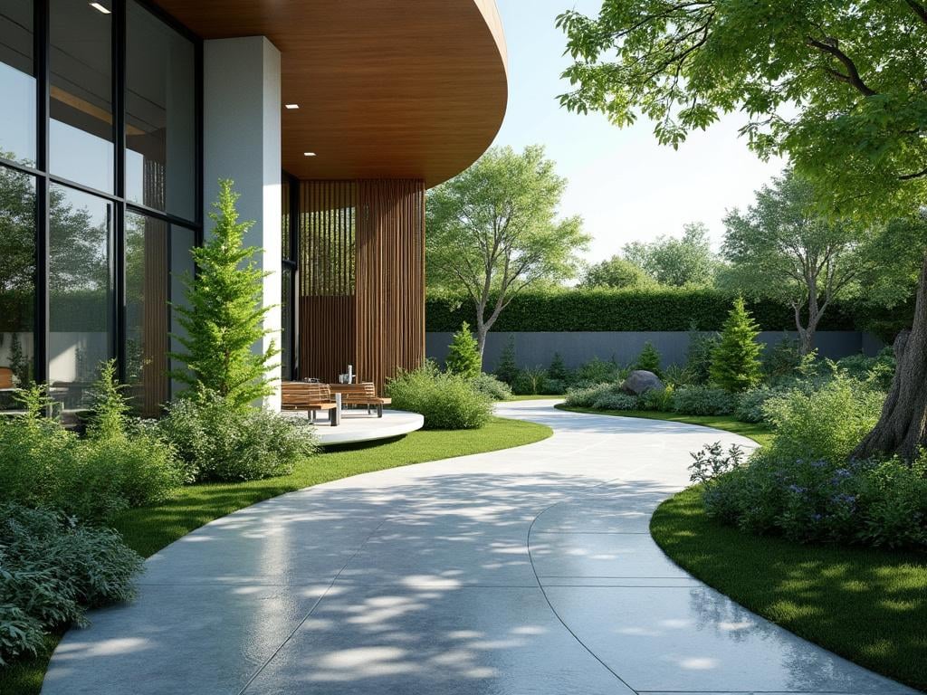 Moderne Architektur mit geschwungenem Gehweg, umgeben von üppiger grüner Landschaft und Bäumen im Freien.