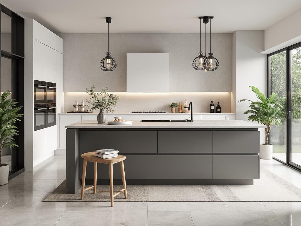 Modern kitchen with large island, pendant lighting, sleek cabinetry, and decorative plants near large windows.