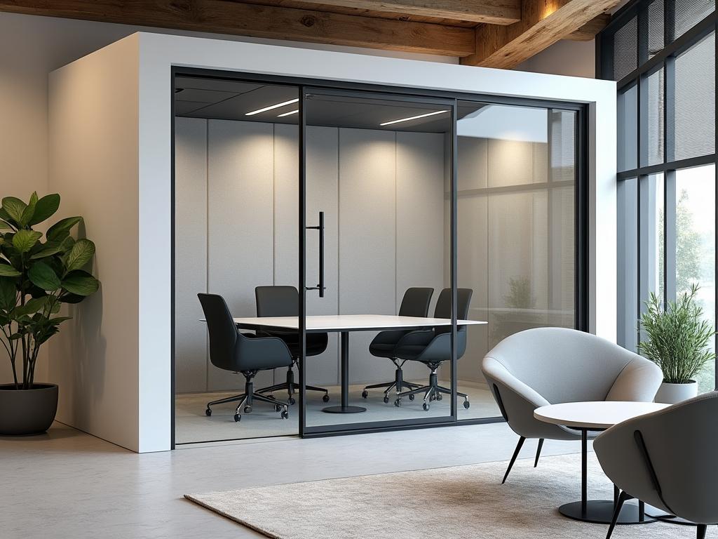 Oficina moderna con sala de reuniones acristalada, sillas de diseño, plantas decorativas y techos de madera.