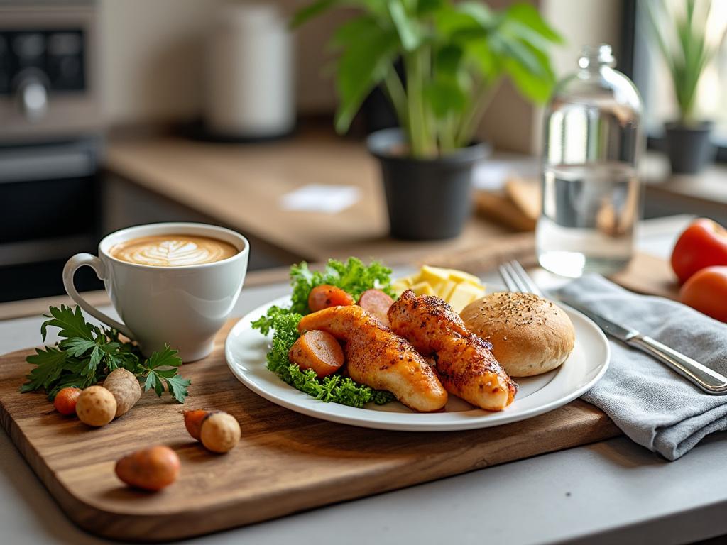 Breakfast scene with grilled chicken, vegetables, a bun, and a cup of cappuccino on a wooden board.