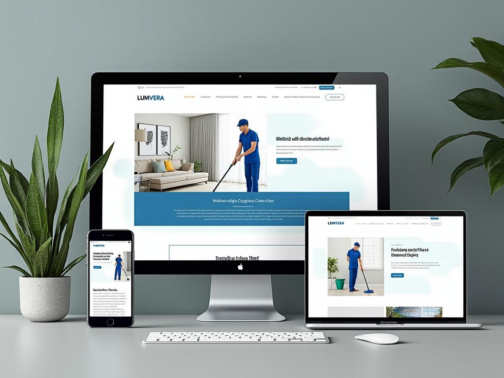 Responsive website design displayed on desktop, laptop, and smartphone screens with modern interior and cleaning service theme.
