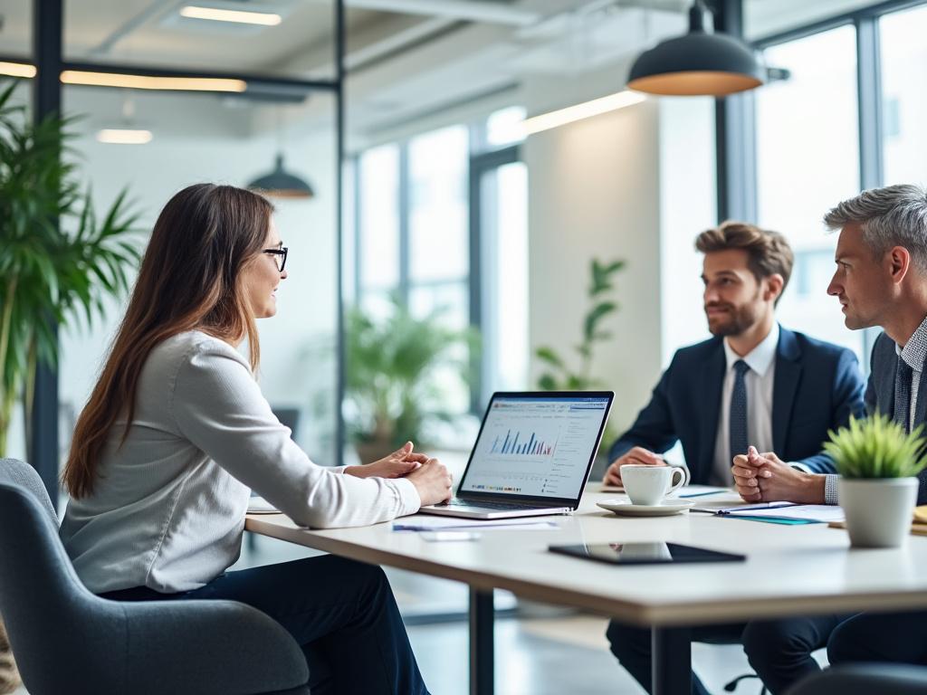 Business meeting with professionals discussing financial data on a laptop in a modern office with plants and natural light.