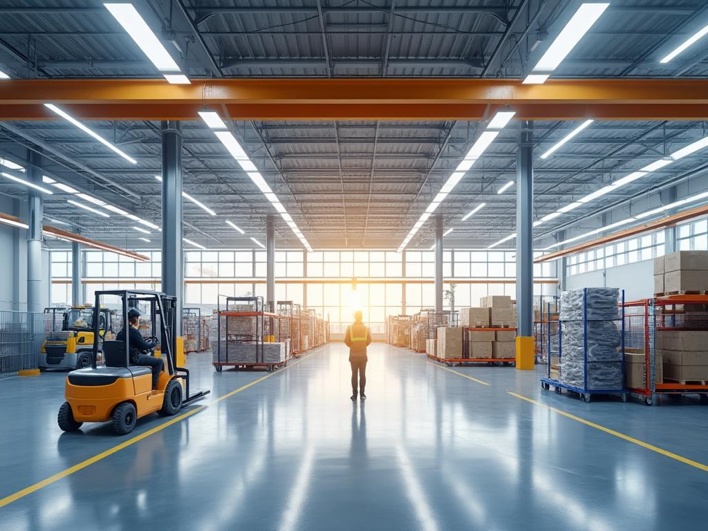 Spacious warehouse interior with a worker walking and a forklift moving pallets, illuminated by natural light.