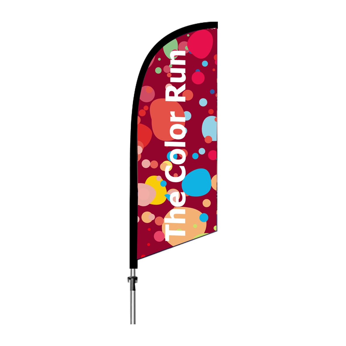 Colorful flag with 'The Color Run' text and vibrant bubble design on a burgundy background.