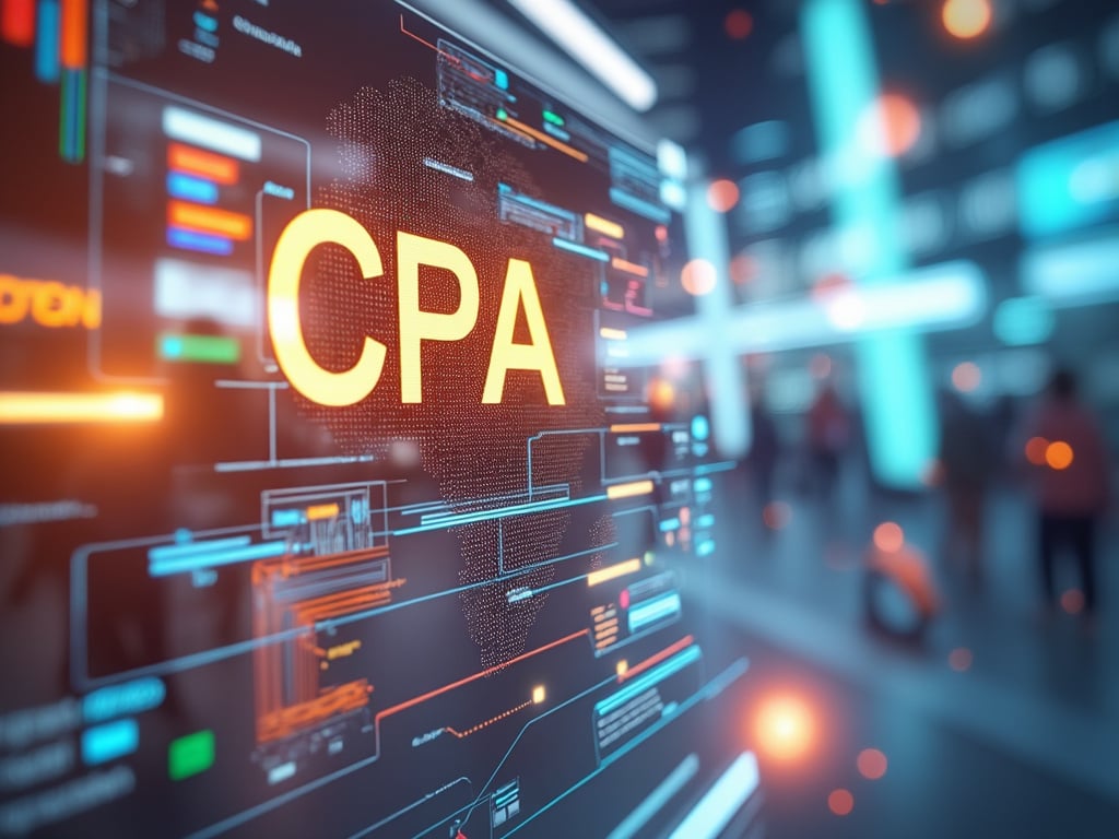 Futuristic digital interface with CPA text and abstract data visuals