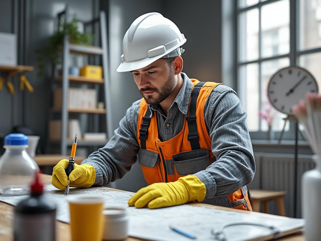 Travailleur portant un casque et des gants jaunes, dessinant sur des plans dans un bureau avec étagères en arrière-plan.